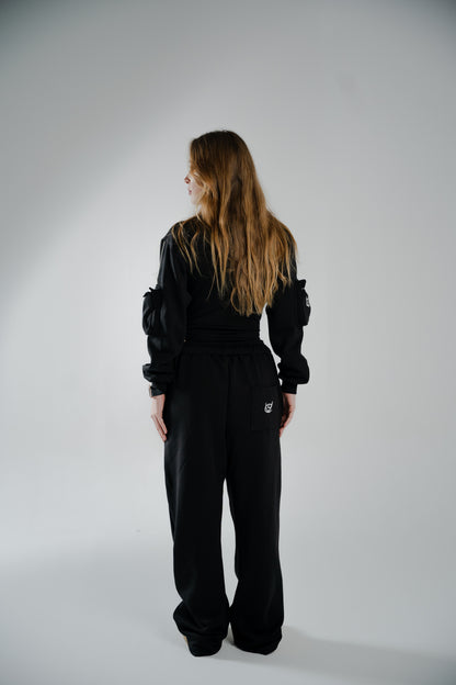 BLACK COTTON BODYSUIT WTH FUR-LINED INTERIOR