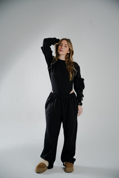 BLACK COTTON BODYSUIT WTH FUR-LINED INTERIOR