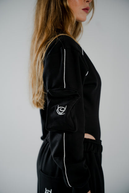 BLACK COTTON BODYSUIT WTH FUR-LINED INTERIOR