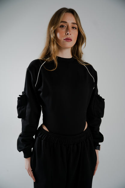 BLACK COTTON BODYSUIT WTH FUR-LINED INTERIOR