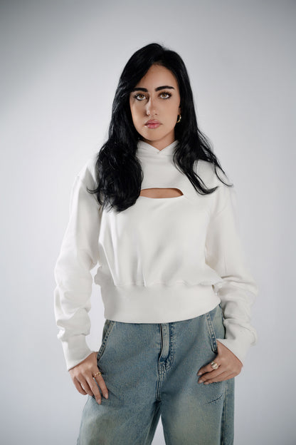 CROPPED WHITE HOODIE WITH FRONT KEYHOLE