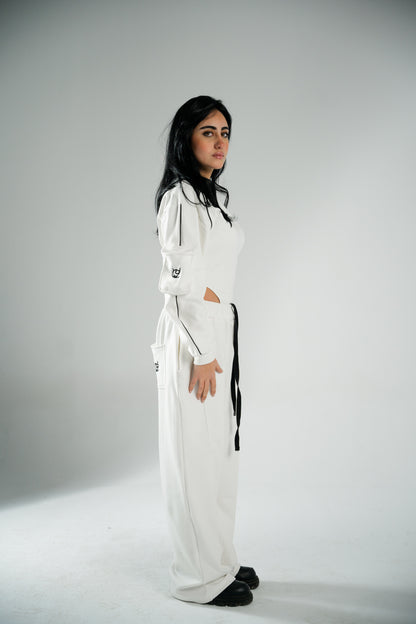 WHITE COTTON BODYSUIT WITH FUR-LINED INTERIOR