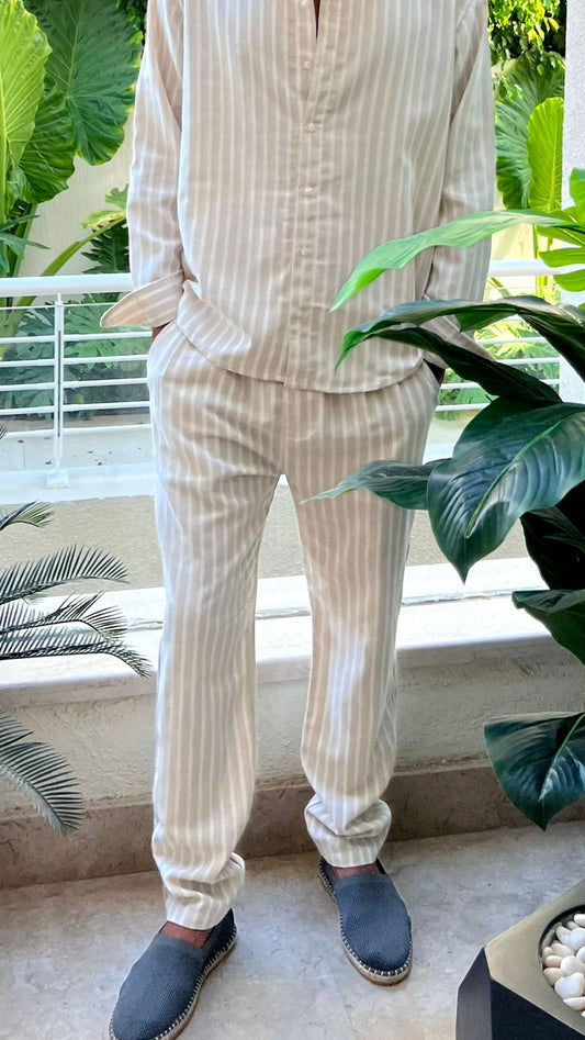 Dark Beige Striped Linen Pants