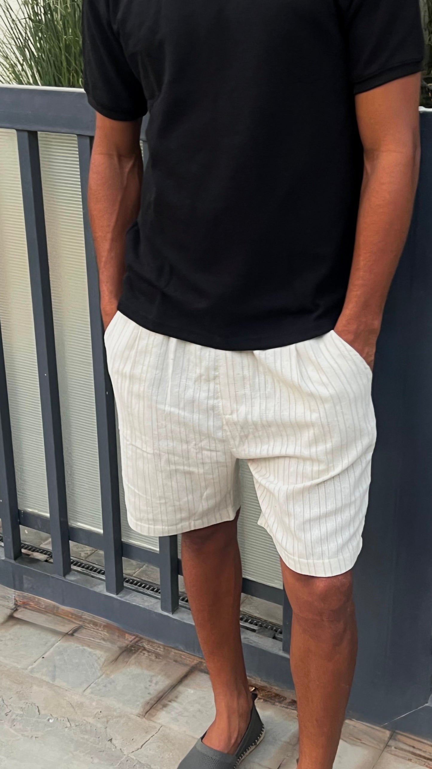 Beige Linen Stripped short