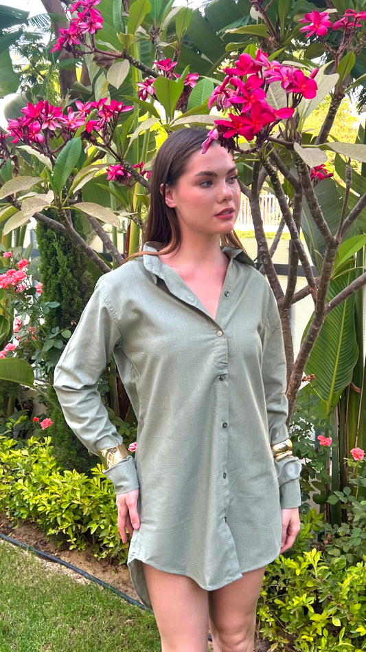 Olive Green Linen Days- Beach Coverup