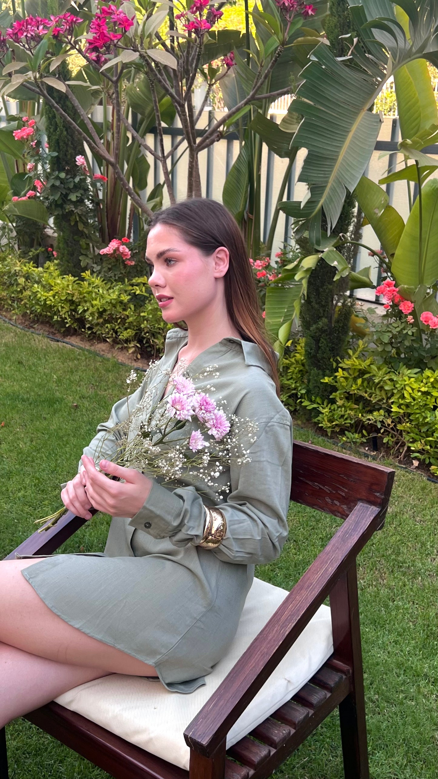 Olive Green Linen Days- Beach Coverup