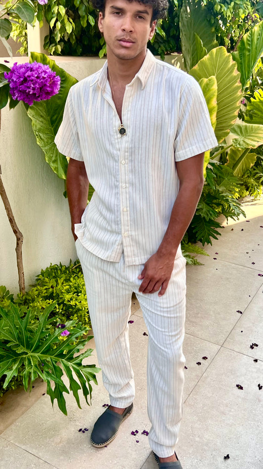 Beige Striped Short Sleeve Shirt