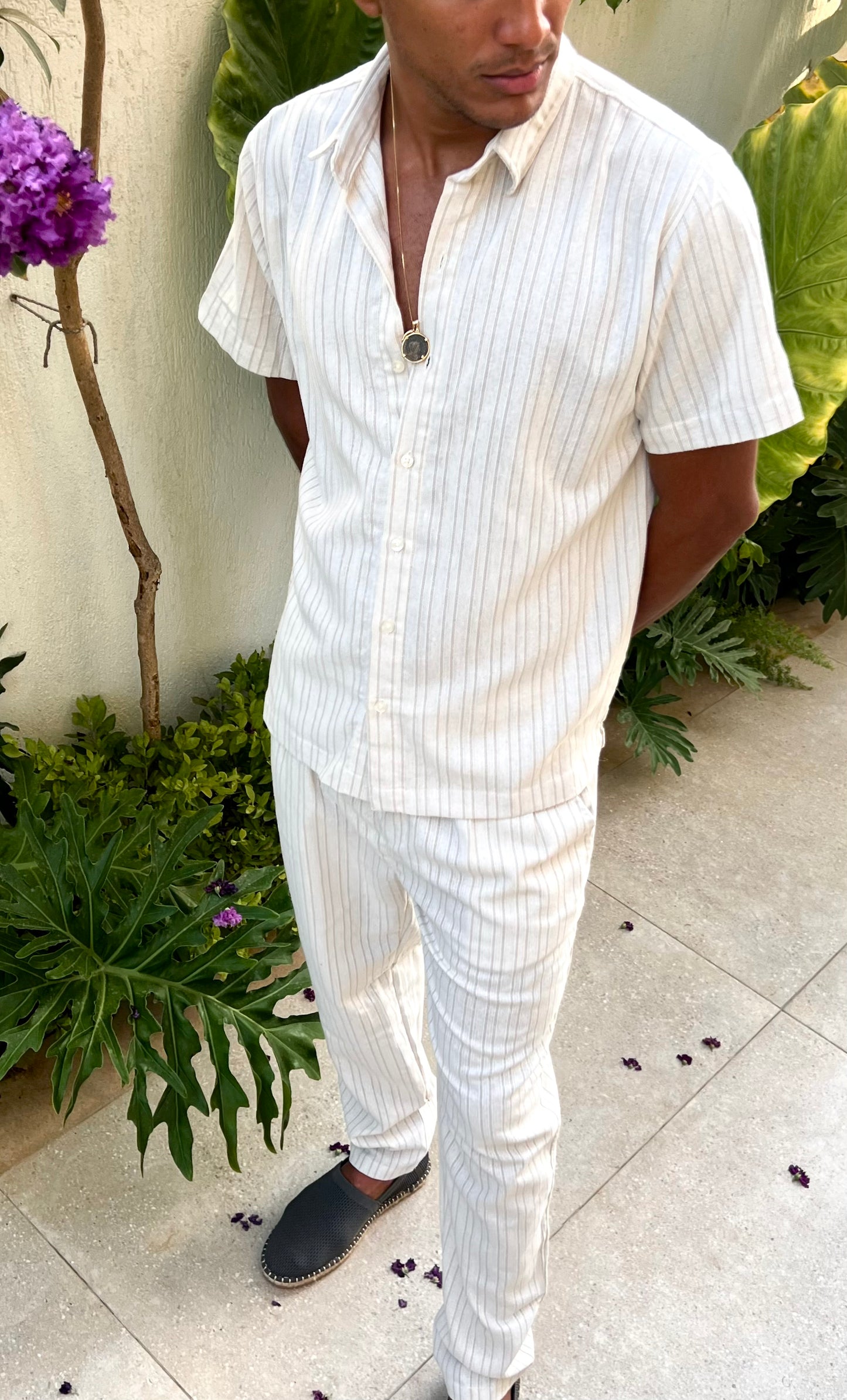 Beige Striped Short Sleeve Shirt