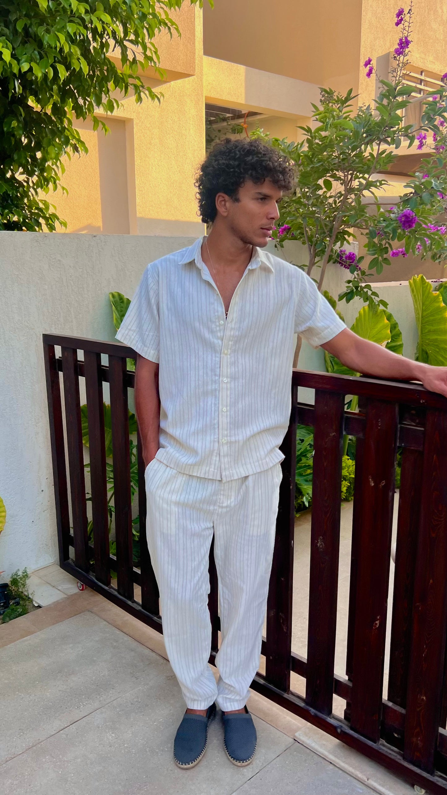 Beige Striped Short Sleeve Shirt