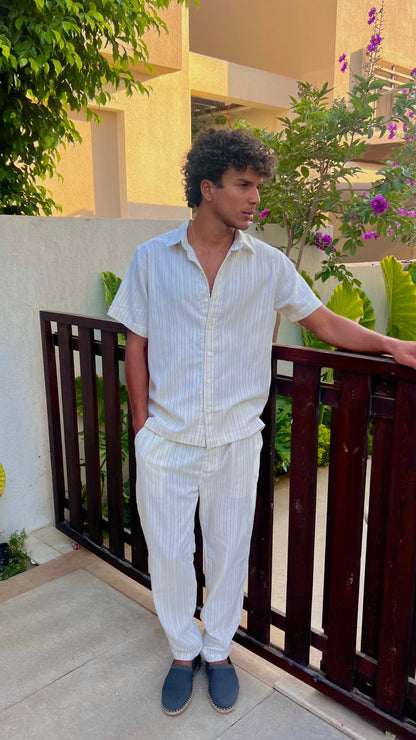 Beige Striped Short Sleeve Shirt