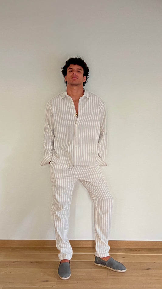Dark Beige Linen Stripped Long Sleeve Shirt