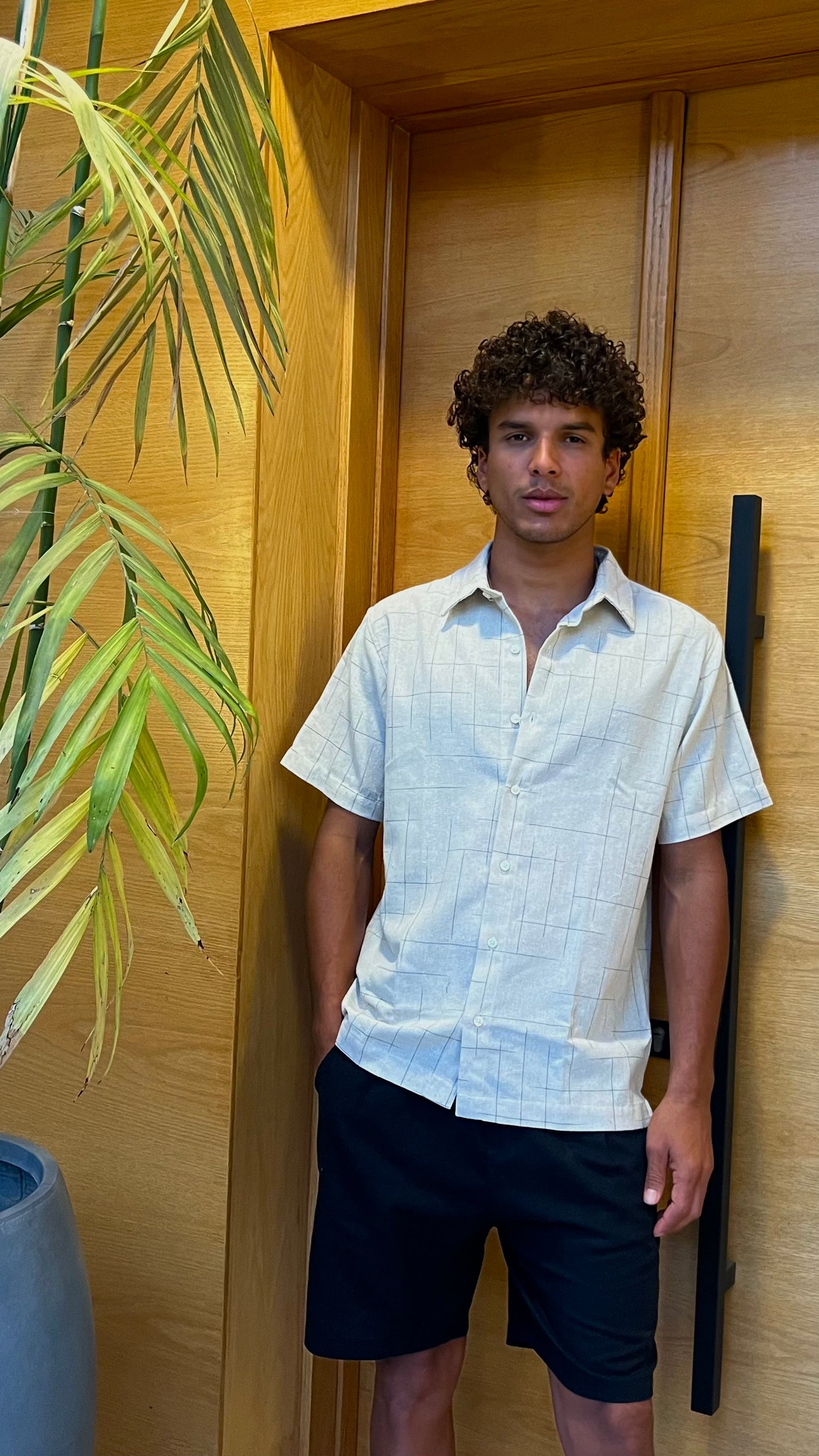 Beige Black Striped Short Sleeve Shirt