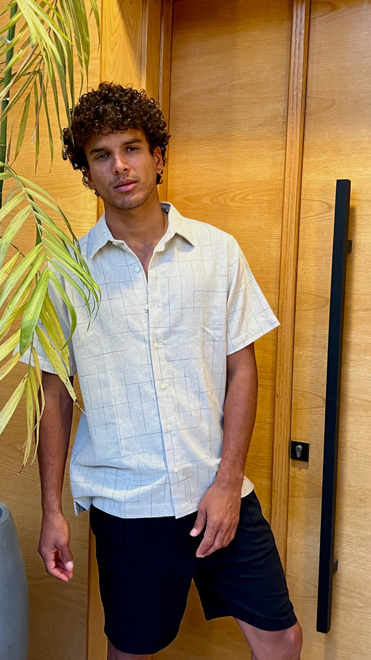 Beige Black Striped Short Sleeve Shirt