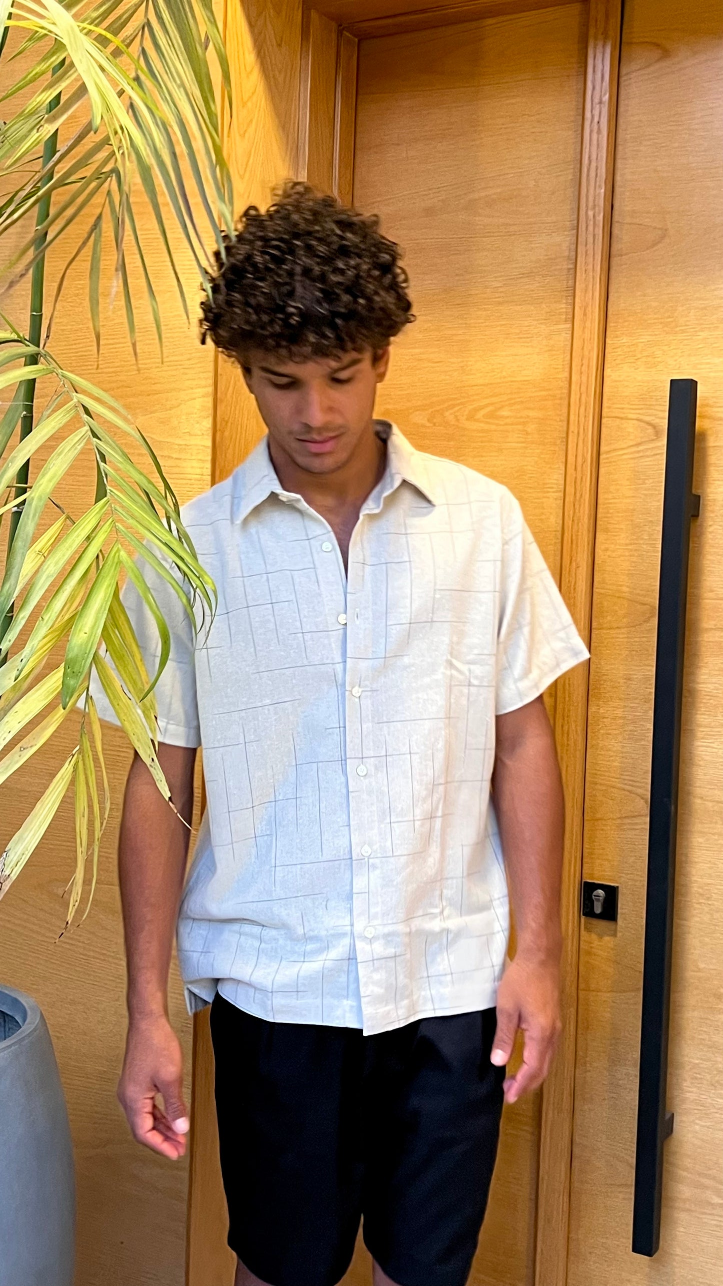 Beige Black Striped Short Sleeve Shirt